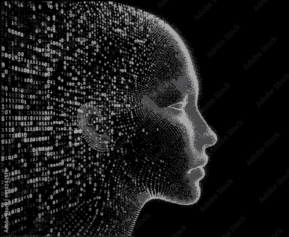 Fototapete Silhouette of a human head made of binary code. Conceptual image of Artificial Intelligence, Virtual Reality, Deep Learning and Face recognition systems. Cyberpunk style vector illustration.