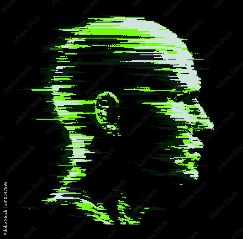 Aufkleber Distorted silhouette of a bald human head. Conceptual image of facial recognition and anonymity systems. Cyberpunk pixel art style vector illustration.