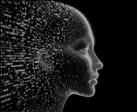Silhouette of a human head made of binary code. Conceptual image of Artificial Intelligence, Virtual Reality, Deep Learning and Face recognition systems. Cyberpunk style vector illustration.