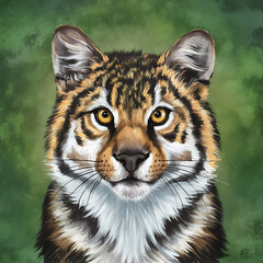 portrait of a tiger with green background.
