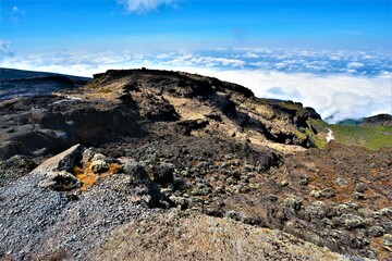 Impressive volcanic landscape (dry alpine desert) as seen from the trail above Barranco Wall on Mount Kilimanjaro (Tanzania, Africa)