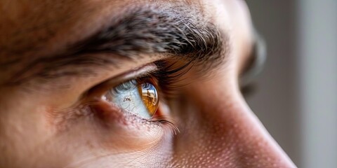 Closeup photo of a male human brown eye with pupil, iris, cornea, eyelids, eyelashes, and eyebrow