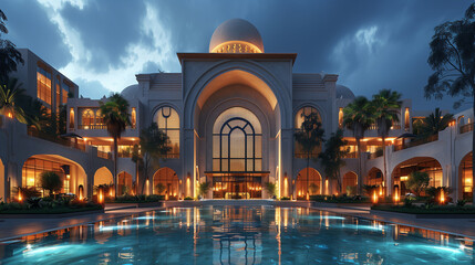 Enchanted Evening at a Grand Resort: Illuminated Pool with Elegant Arches
