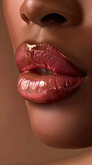 close up lips of black woman with lipgloss 