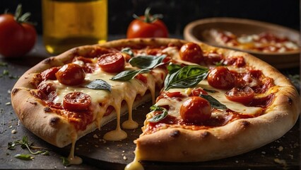 A ravenously indulging man, every bite is a feast for the senses: gooey cheese dripping from his chin, pepperoni slices glistening with oil, and a crust perfectly golden and crispy. This vivid snapsho