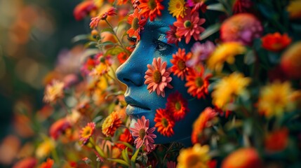 Portrait of a person whose body and face gradually turn into vibrant flowers, symbolizing growth and nature's beauty, vivid colors with a focus on floral details,