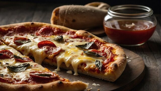 A ravenously indulging man, every bite is a feast for the senses: gooey cheese dripping from his chin, pepperoni slices glistening with oil, and a crust perfectly golden and crispy. This vivid snapsho