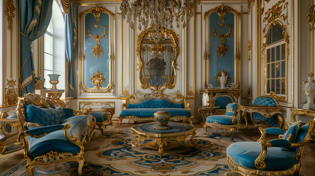 classic Rococo-style drawing room, where a blue and gold color scheme reigns supreme, adorning antique furnishings with elegance and grace