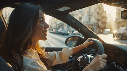 happy woman driving her new car