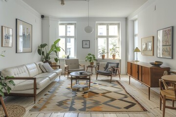 Scandinavian Living Room: Light wood flooring, white walls, mid-century modern furniture, geometric rug, statement pendant light