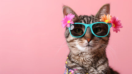 A funny kitty cat dons stylish sunglasses and a summer-themed costume, exuding cool vibes against an isolated background. This adorable pet is ready for the summer season