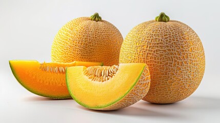 A beautiful still life of a cantaloupe. The melon is ripe and juicy, and the seeds are plump and full. The image is simple and elegant, and the colors are vibrant and lifelike.
