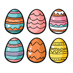 Set six colorful Easter eggs decorated various patterns. Handdrawn style designs suitable holiday greetings. Bright isolated white background ideal festive Easter designs