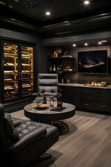 a modern masculine study room. black sofa, dark walls and lighting. luxury interior of a men's...