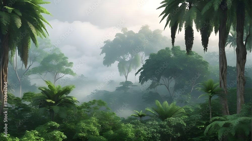 Wall mural exotic jungle in the fog. a view of the jungle, a wooded haven. dark and foggy wilderness. the scene