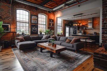 Urban Loft Living Area: Exposed brick walls, industrial-style furnishings, statement lighting, minimalistic decor accents, high ceilings