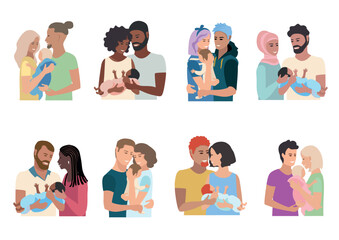 Set of vector illustrations of a married couple of different nationalities tenderly and carefully hugging their little child on a white background. Day of family, loving parents, happy childhood.