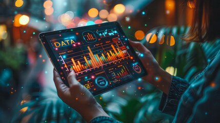 Navigating Advanced Data Analytics: A Person Interacts with a Holographic Tablet Displaying Dynamic Connectivity and Analytics Icons