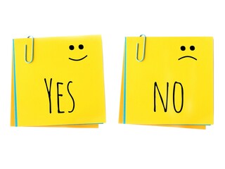 Two yellow sticky notes side by side with positive and negative messages. Yes and no handwritten text, with happy and sad faces on each paper note