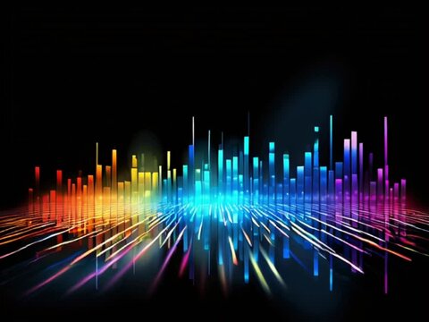 Vibrant music equalizer with colorful lines and bars. The visual displays dynamic range of vertical light beams in various colors against dark background. Sound waves and frequency patterns