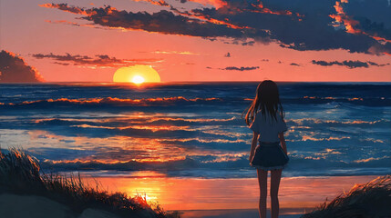 Girl looking at sunset landscape on the beach orange sky and clouds Generative Ai