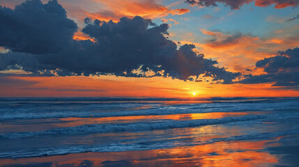 Sunset landscape on the beach, orange sky and clouds Generative Ai