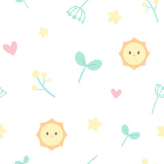 seamless floral star and sun pattern features adorable motifs of, and sprigs in soft pastel colors, perfect for fabric, nursery decor 