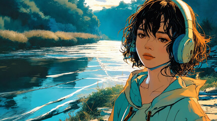 Lofi girl with headphones walking around a lake Generative Ai