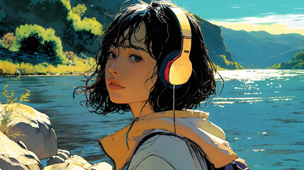 Lofi girl with headphones walking Generative Ai