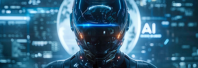Fototapeta premium Close-up illustration image of a sentient AI's head in a control room, highlighted by futuristic blue lights, symbolizing global control and intelligence
