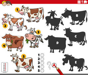 finding shadows activity with cartoon cows characters