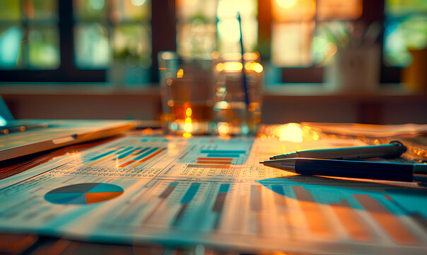 Close up of documents with pen and charts on a desk in a sunny office