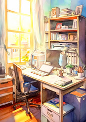 A painting of a messy office with a desk, chair, and bookshelves. The mood of the painting is somewhat chaotic and disorganized