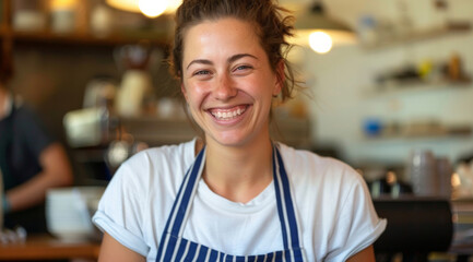 Portrait, barista and woman in cafe, smile and small business with happiness, waitress and friendly. Face, person and girl in restaurant, apron and entrepreneur with service, confident or hospitality