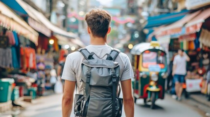 Caucasian male tourist exploring a bustling Thai street market. Young man with backpack in urban Thailand. Concept of tourism, travel, and cultural immersion.