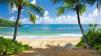 Tropical beach landscape with palm trees and ocean view. Serene coastal scene. Concept of travel, summer vacation, calmness, and peaceful beaches.