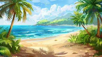 Tropical beach landscape with palm trees and ocean view. Serene coastal scene. Concept of travel, summer vacation, and peaceful beaches. Digital art