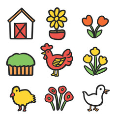 Colorful farmthemed vector icons set featuring barn, flower pot, tulips, pie, chicken, chick, roses, duck. Cartoonstyle farm elements childrens book, educational materials, agriculture concept. Bold