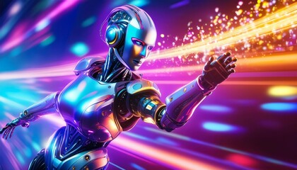 Futuristic robot with glowing eyes and metallic body, wielding beams of light against a vibrant tech-themed backdrop.