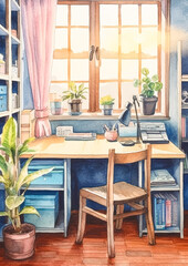 A painting of a messy office with a desk, chair, and bookshelves. The mood of the painting is...