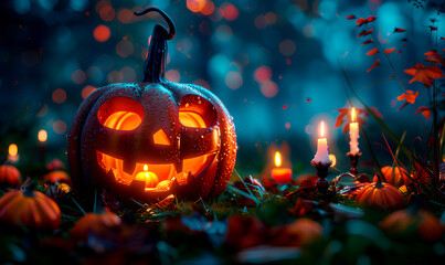 Halloween background with pumpkins and bats