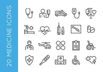 Medical icons. Set of 20 medical and healthcare trendy minimal icons including stethoscope, ambulance, IV drip, heart with EKG line, syringe, pills, and more. Vector illustration