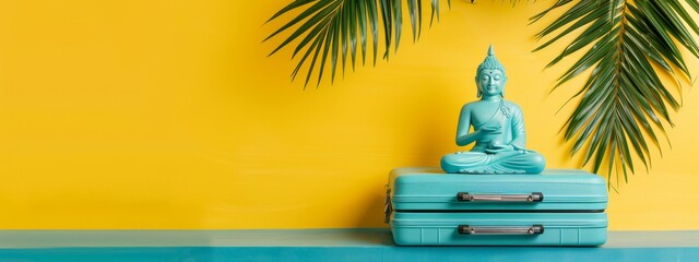 Buddha seated on suitcase with palm leaves beside. Yellow backdrop. Zen travel theme in minimalist design. Concept of vacation, tropical destinations, travel to Thailand. Banner. Copy space - Powered by Adobe