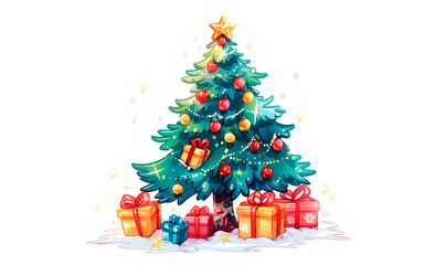 The image shows a decorated Christmas tree with a star on top and colorful ornaments. 
