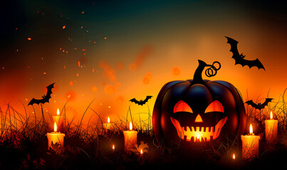 Halloween background with pumpkins and bats