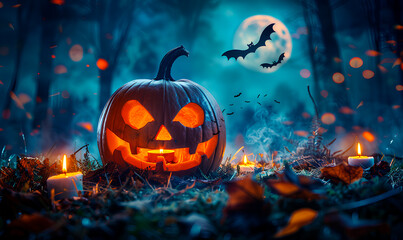 Halloween background with pumpkins and bats