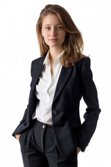 Obraz premium Portrait of a young stylish businesswoman in a suit isolated on white background. High quality photo