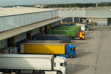 Trucks and Freight Containers at a Busy Cargo Loading Dock During Daylight