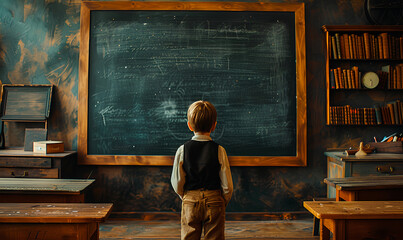 child in front of blackboard