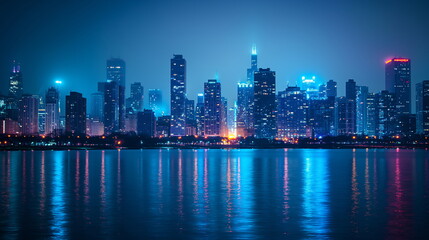 A serene view of a city skyline at night, reflected beautifully on the calm water surface - Generative AI